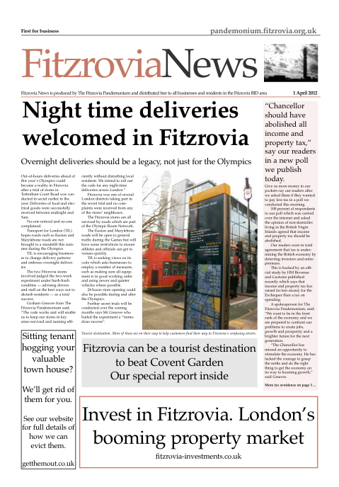 Front cover of 1 April 2012 Fitzrovia News showing legible London sign.