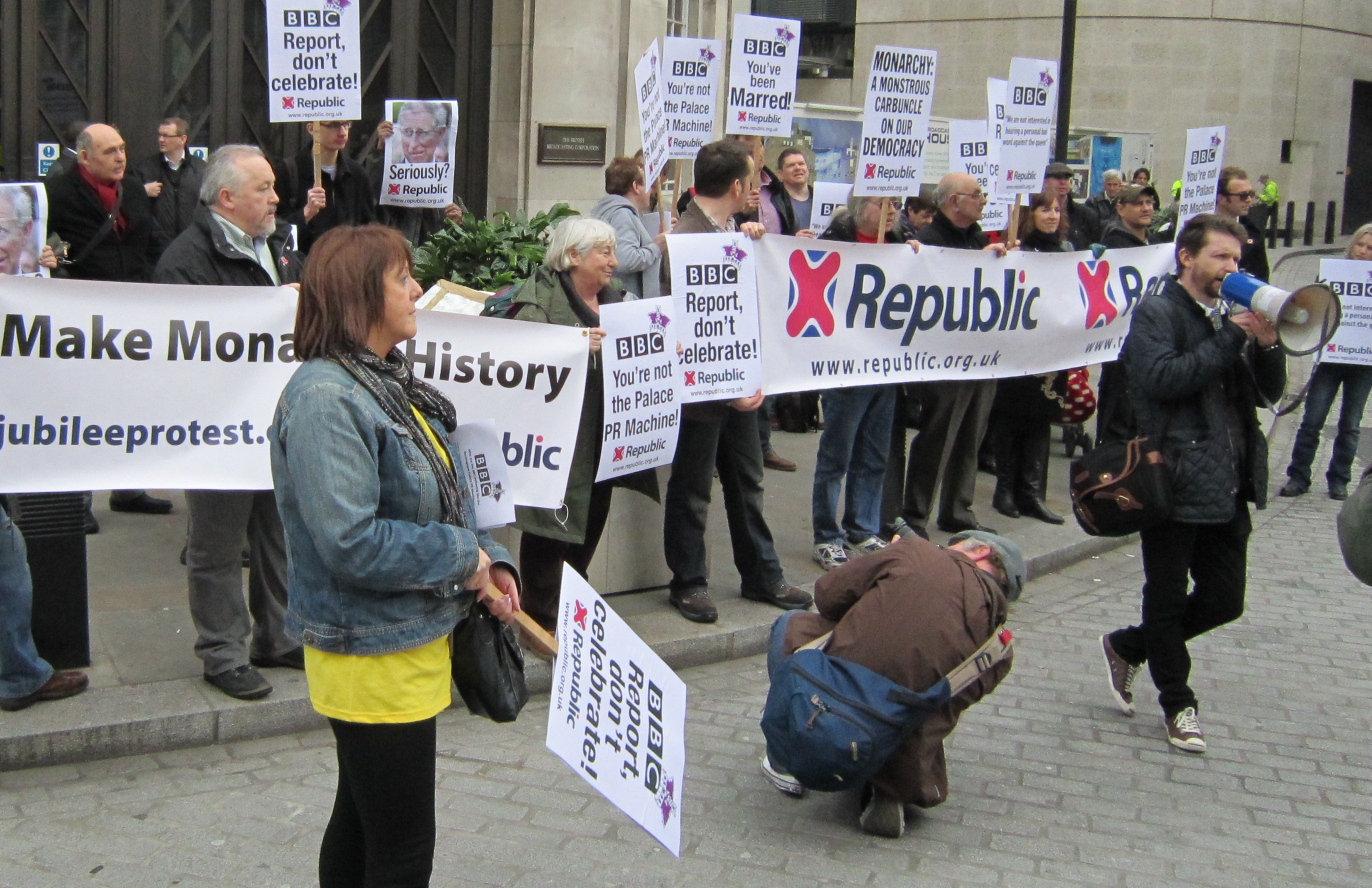Members of anti-monarchy group protesting outside Broadcasting House.