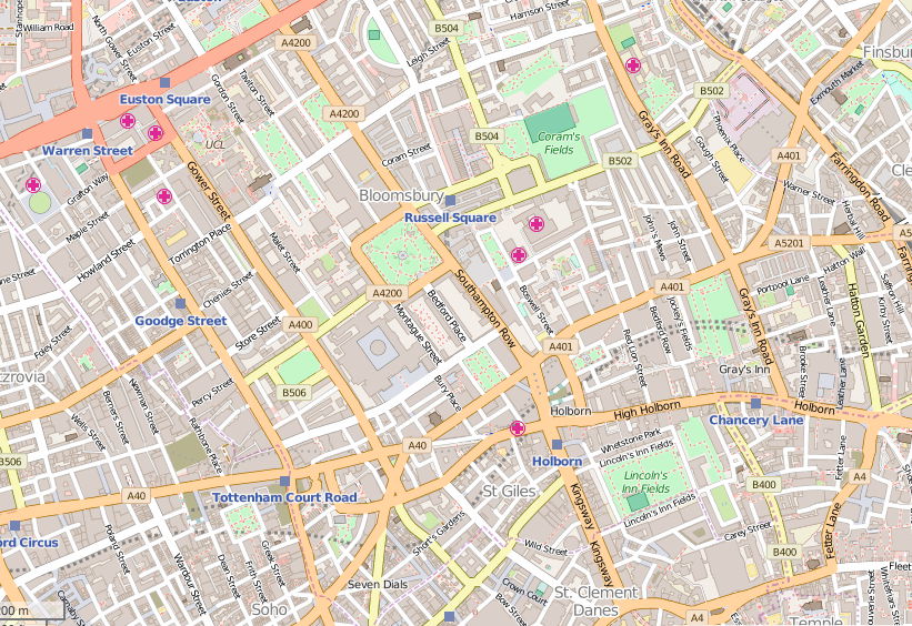 Map of south Camden in central London.