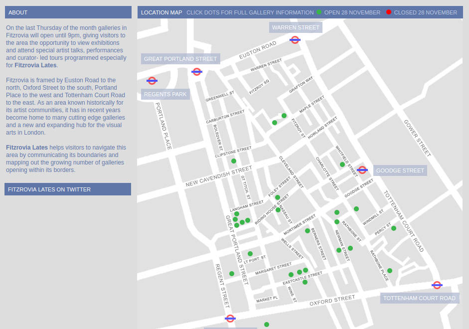 Map of Fitzrovia galleries taking part in 'Lates'.