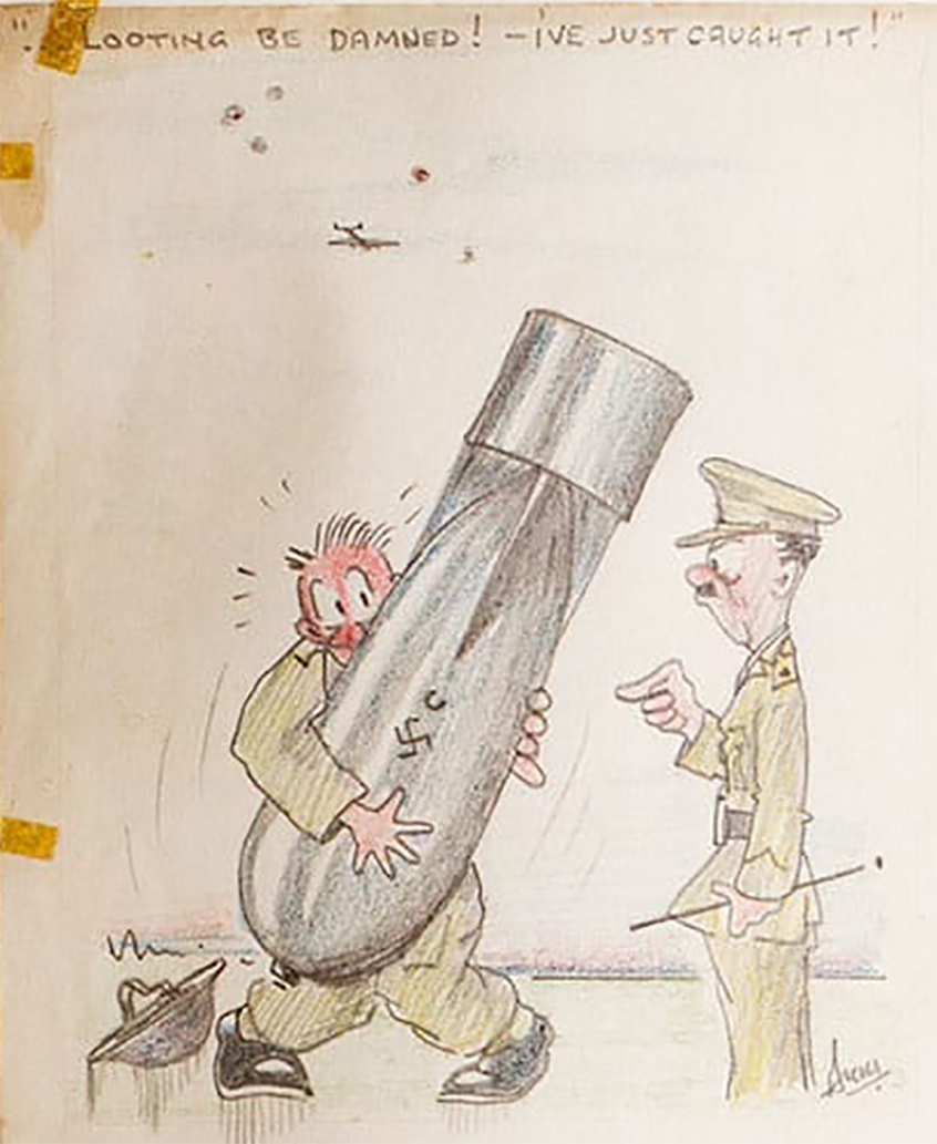 Drawing on soldier holding a bomb.