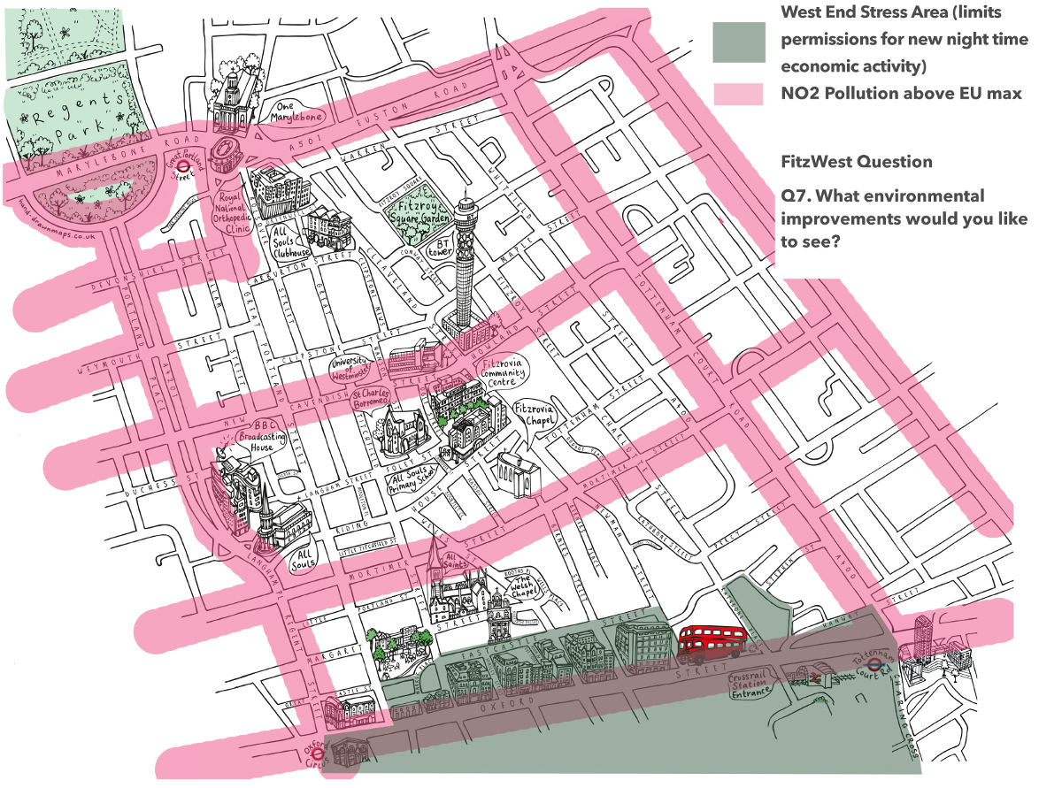 Map of Fitzrovia showing high pollution corridors.