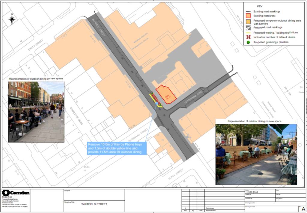 Plan of streatery and parking and loading changes on Whitfield Street.