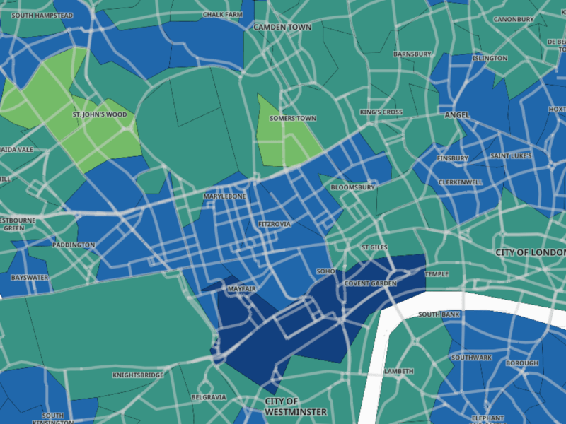 Map of Covid-19 rates across central London.