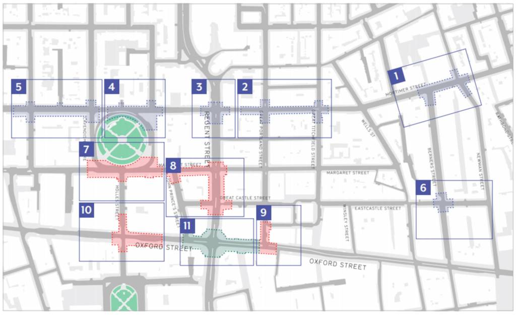 Map showing location of the 11 areas for changes under the Oxford Street District scheme.